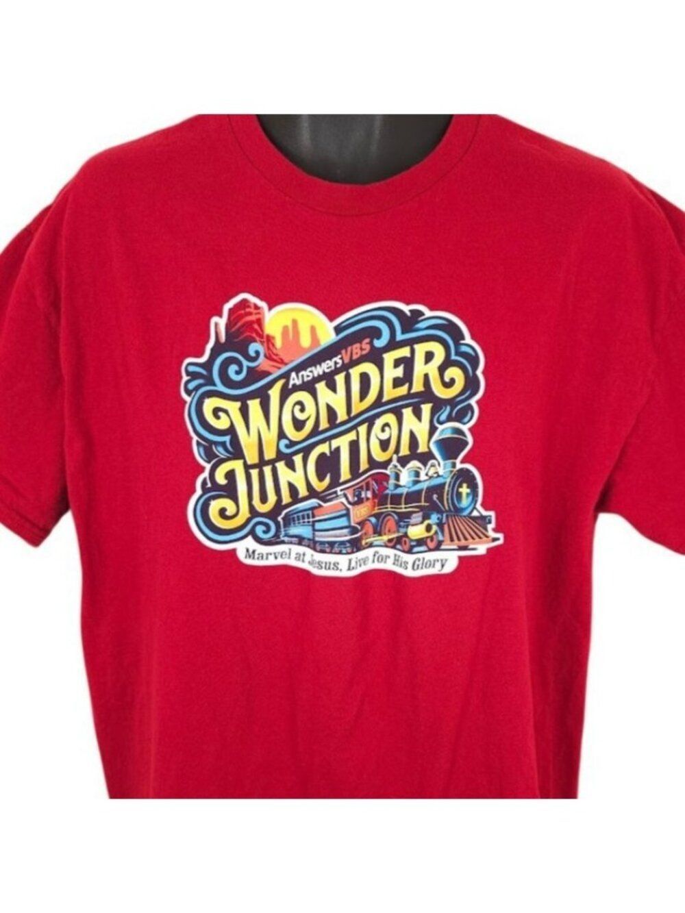 Christian T Shirt Mens Size XL Red VBS Vacation Bible School Wonder Junction